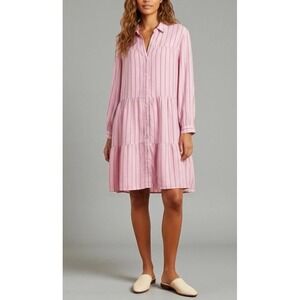 J. Jill Pink Striped Button-Front Tiered Shirt Dress